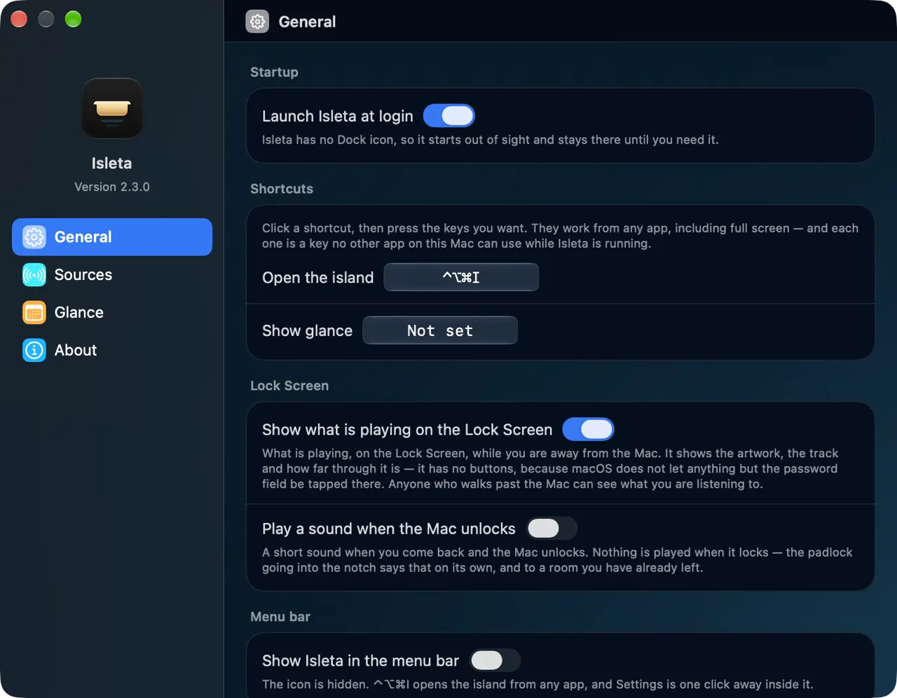 Isleta’s Settings window, on the General pane: switches for launching at login, the keyboard shortcuts, the Lock Screen card and the menu bar icon.